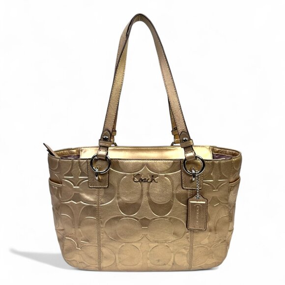 Coach Metallic Gold East West Embossed Signature Leather Tote Bag - Picture 1 of 15